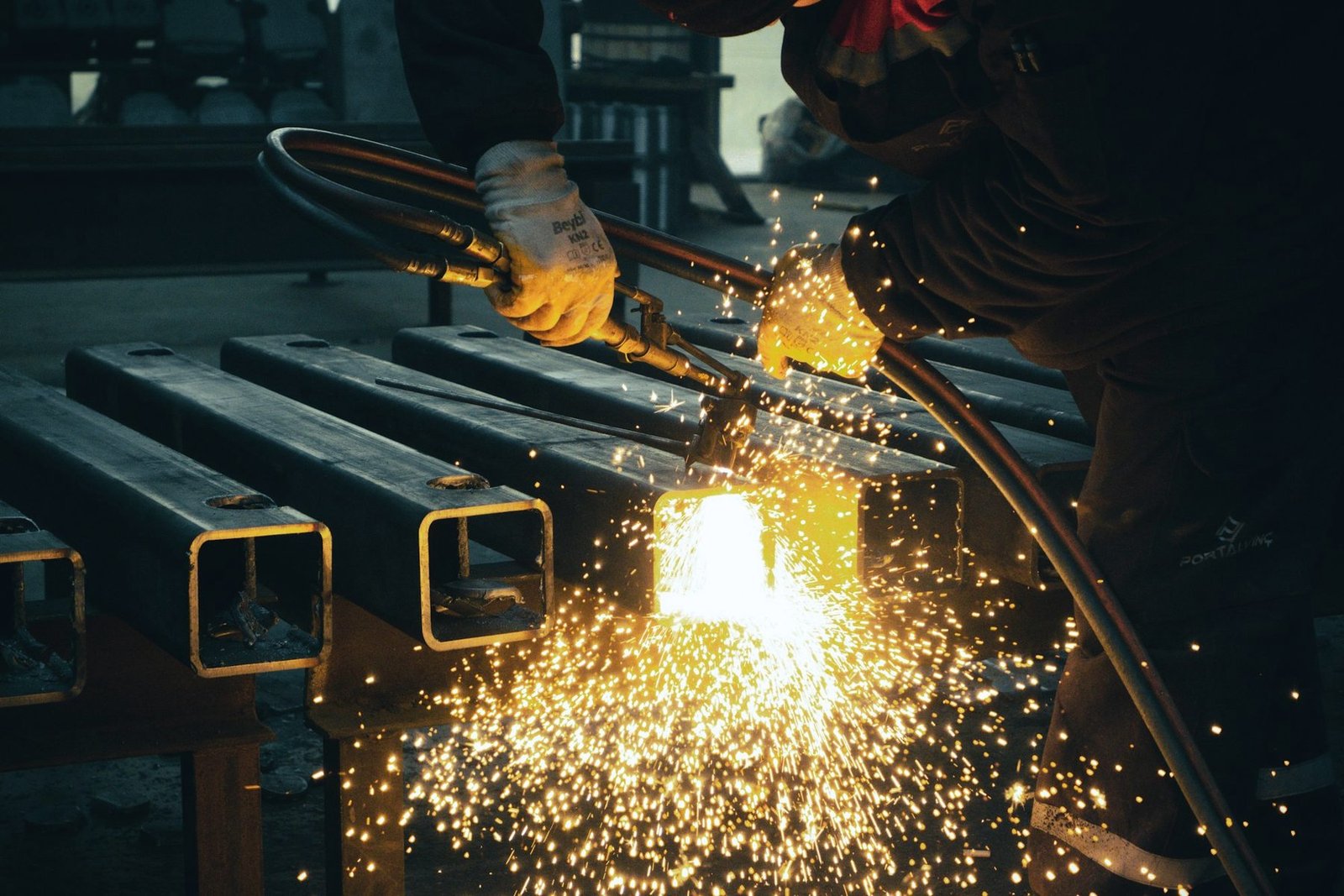 A gloved hand holding a cutting torch over a row of square steel tubes, bright yellow flame and a shower of sparks